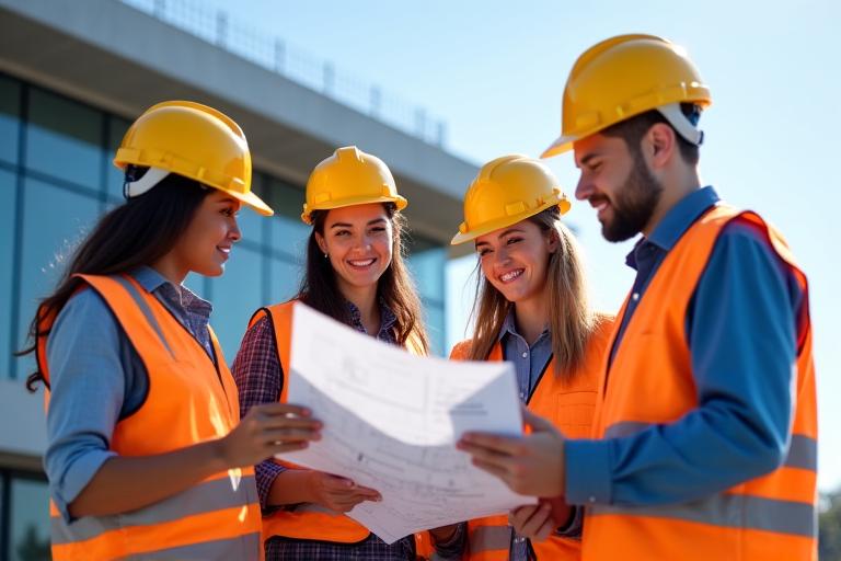 Une équipe de construction en discussion sur un chantier moderne et bien organisé, symbolisant la collaboration et l'efficacité de Criquet Agencement.